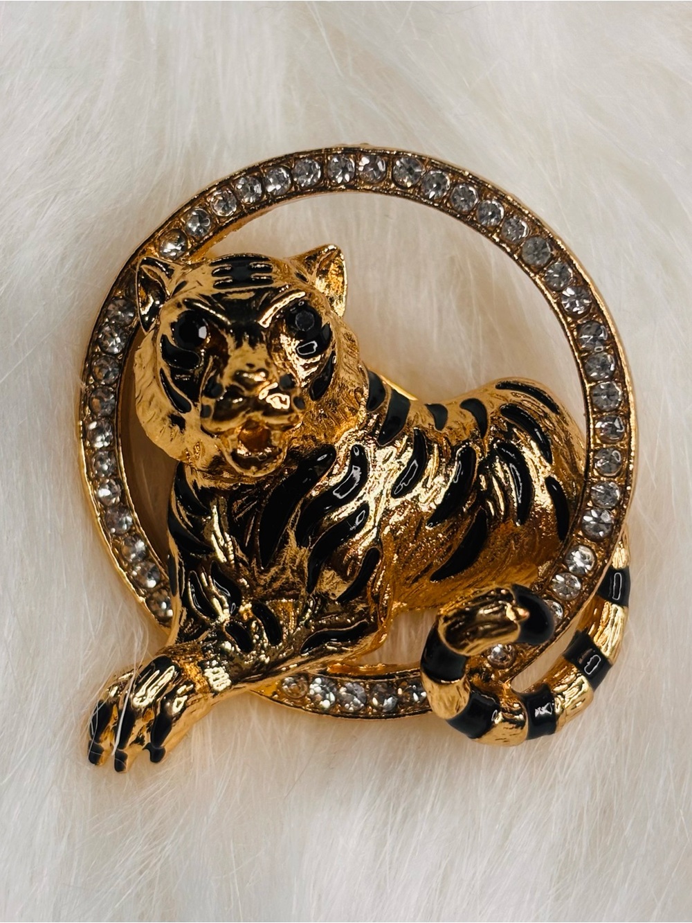Gold & Black Tiger Rhinestone Brooch